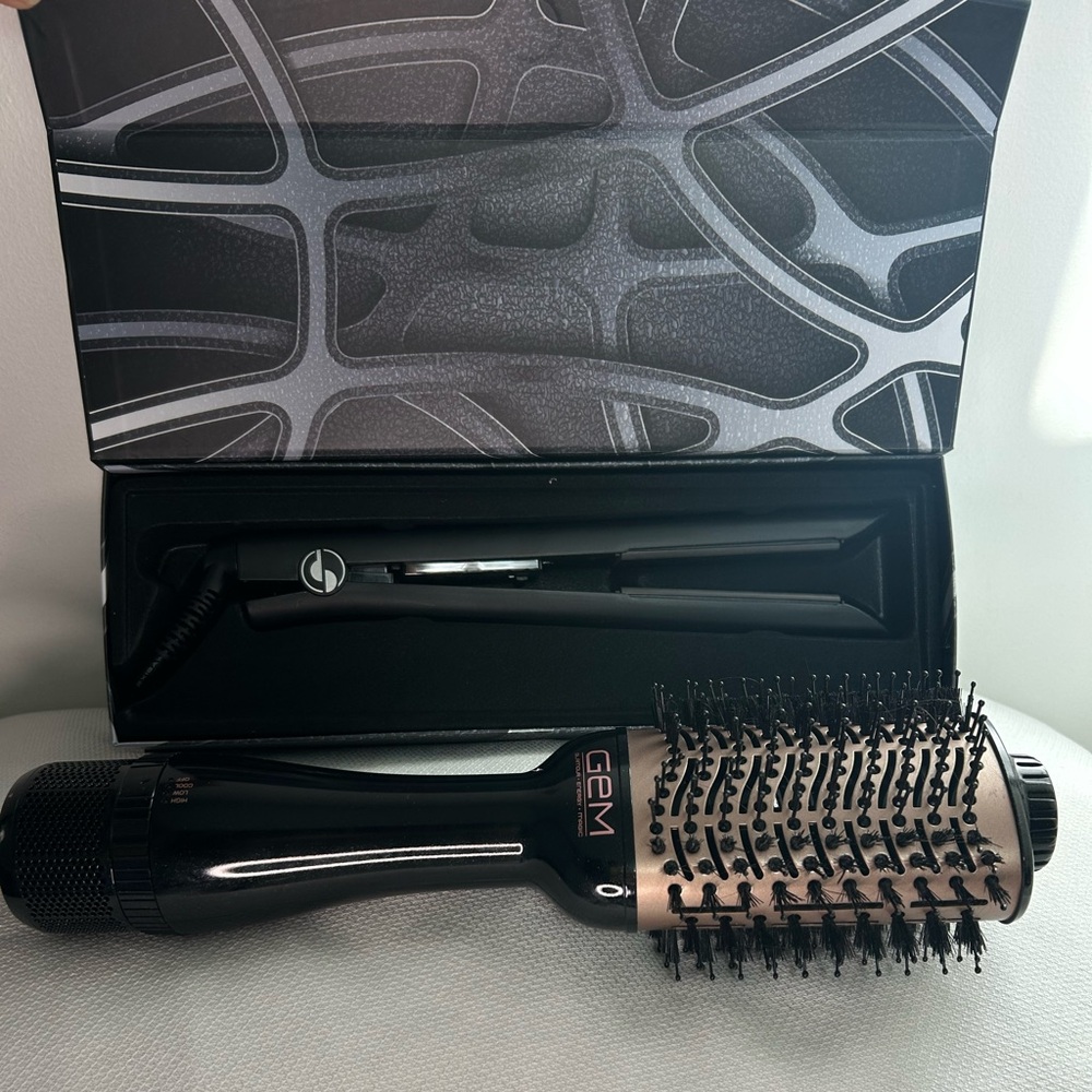 Pin straight hair straightener and GEM hot air brush with lifetime warranty